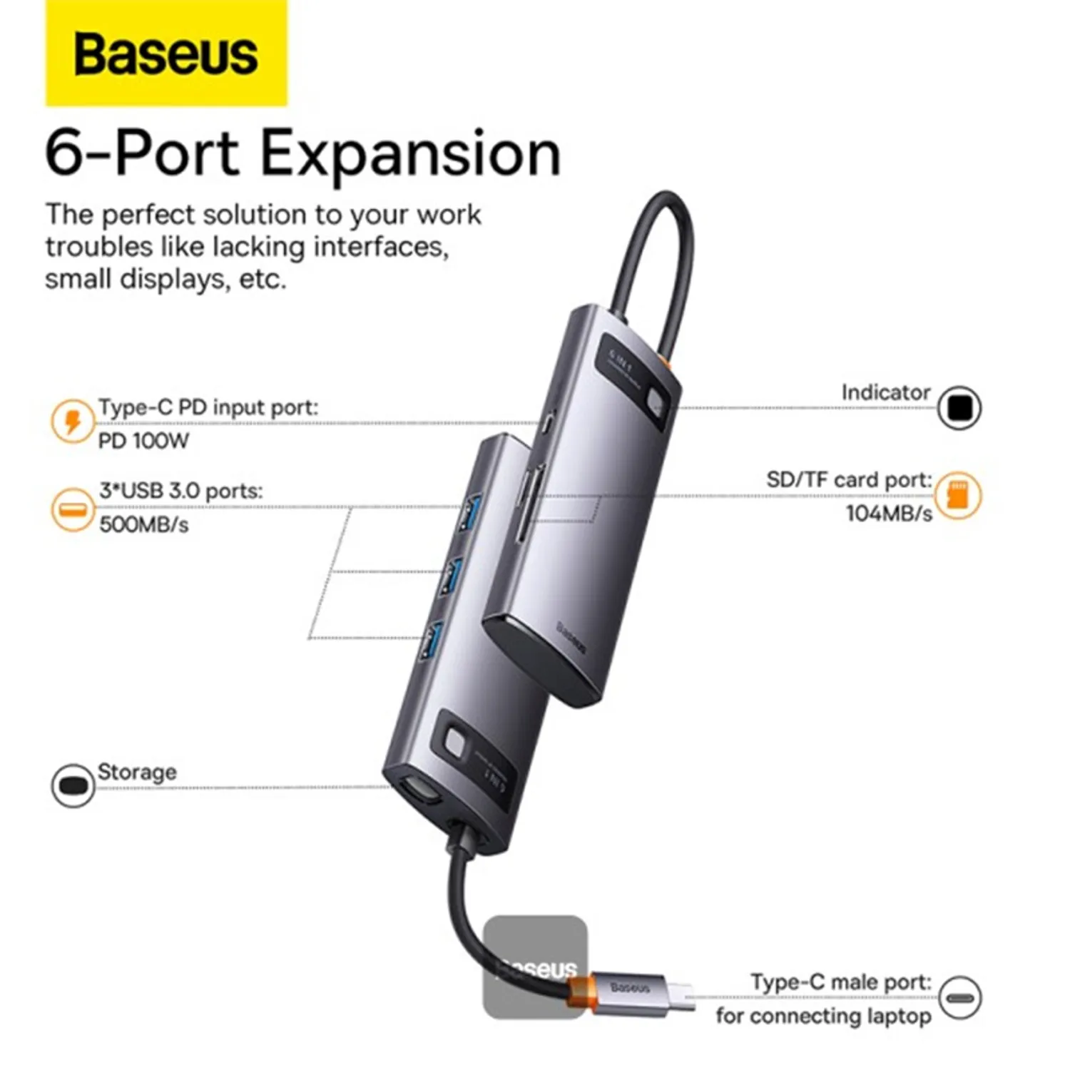 Baseus Metal Gleam Series Starjoy 6 in 1 Multifunctional Type-C Hub